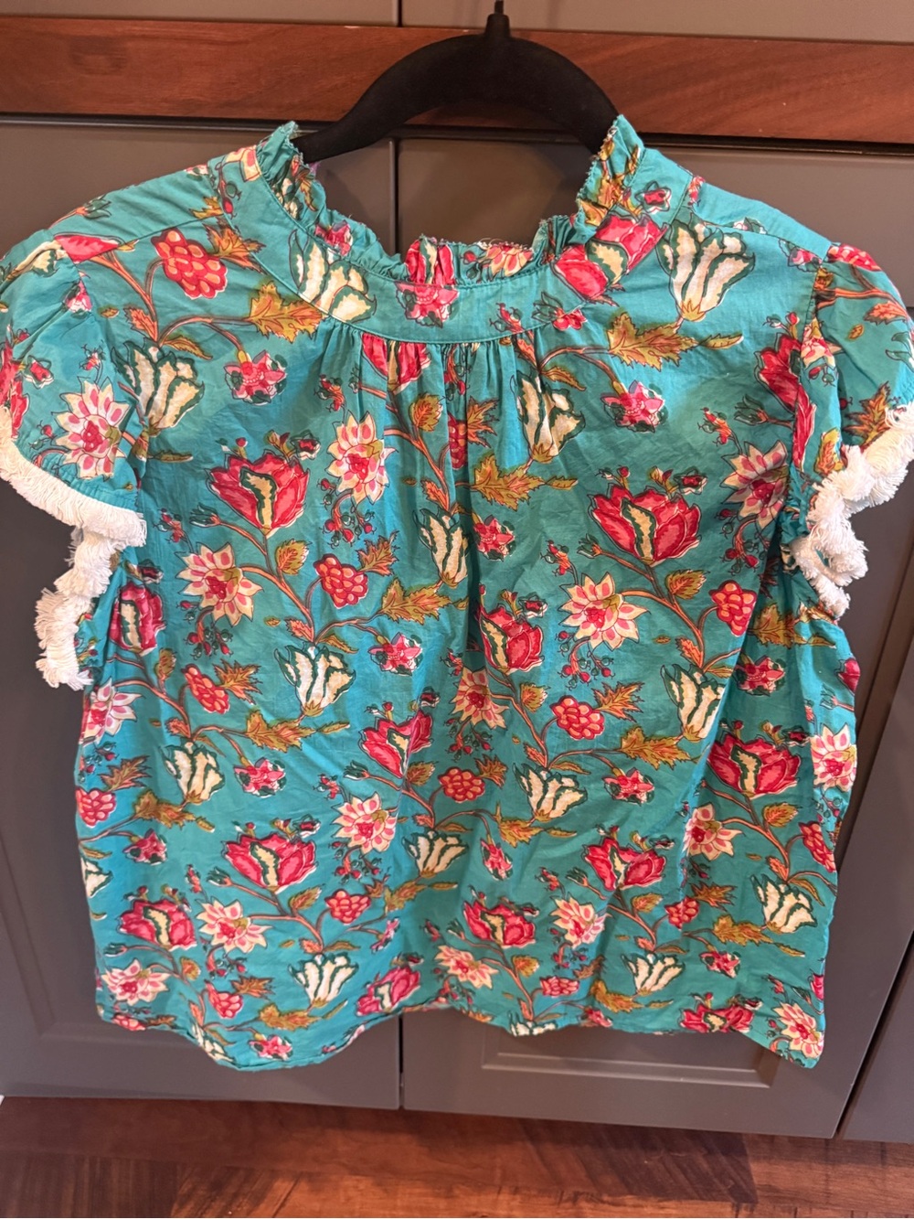 THML Womens Turquoise Floral Ruffle Sleeve Top